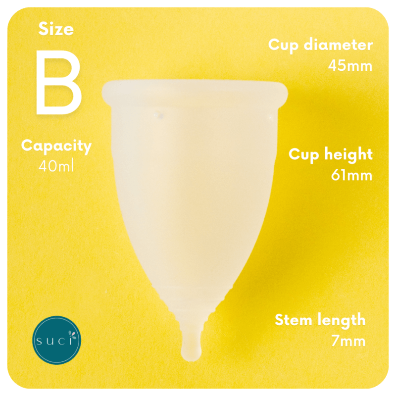 suci menstrual cup size B capacity stem length diameter