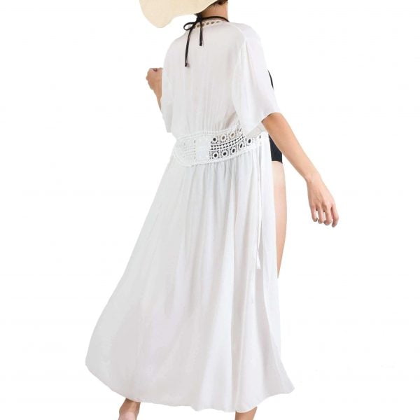 Leia Eyelet Long Chiffon Beach Kaftan Dress in White suci cup