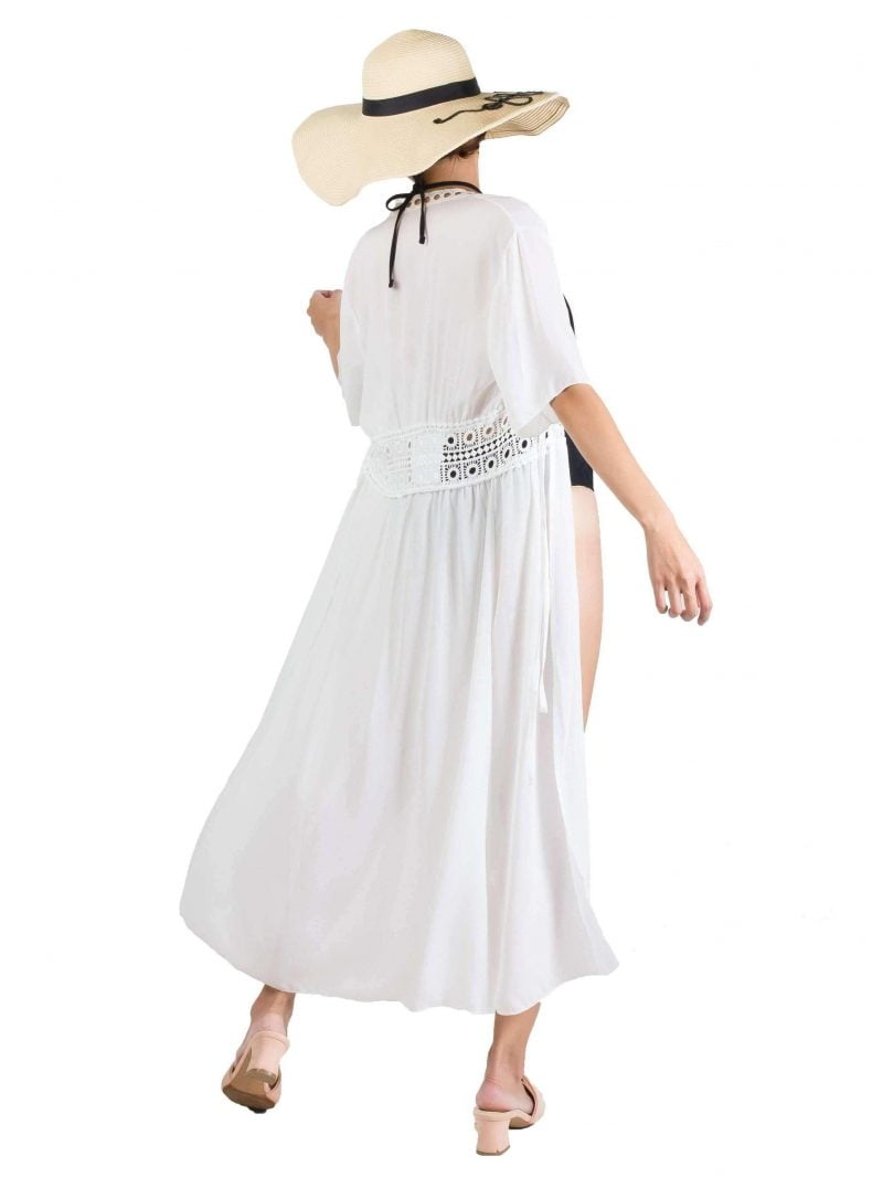 Leia Eyelet Long Chiffon Beach Kaftan Dress in White suci cup