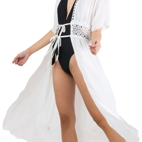 Leia Eyelet Long Chiffon Beach Kaftan Dress in White suci cup