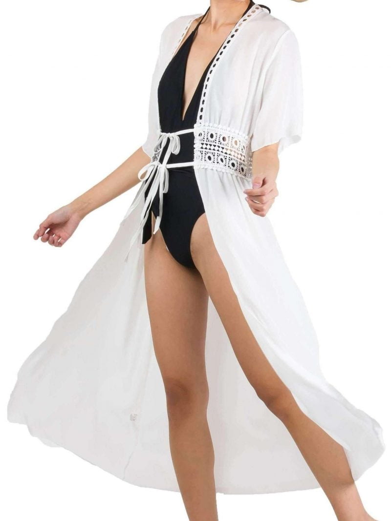 Leia Eyelet Long Chiffon Beach Kaftan Dress in White suci cup