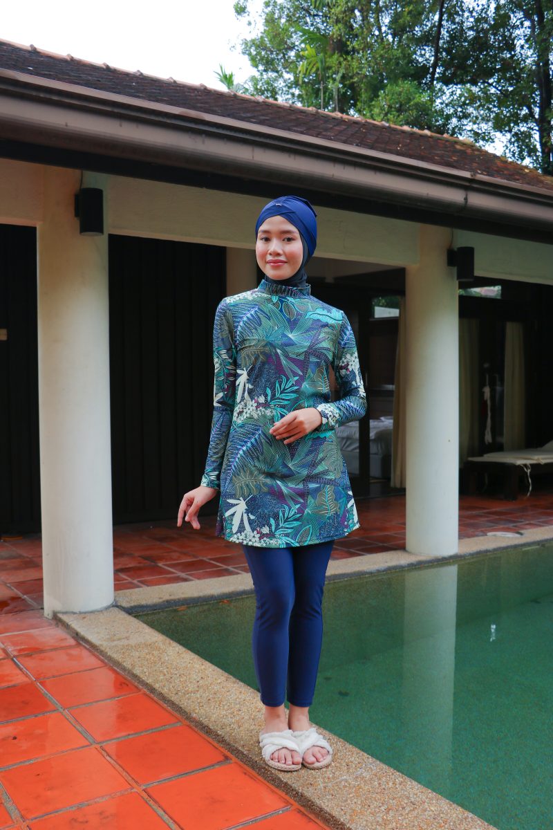 Modernly Modest Suria Tropical Muslimah Swimwear Set in Blue Purple suci cup